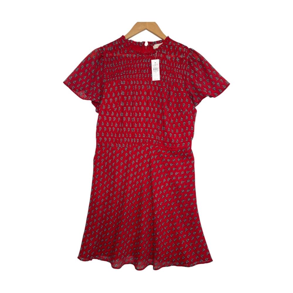 New LOFT Dress Womens 8 Red Paisley Smocked Flutter Sleeve Career Party Boho